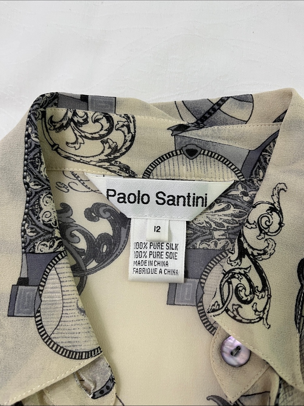 Women's Cream Silk Racing Patterned Button-Up Blouse - Picture 6 of 9